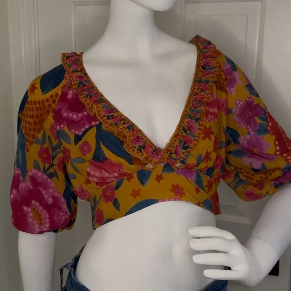FARM Rio Floral Yellow and Pink Puff Sleeve Crop Blouse